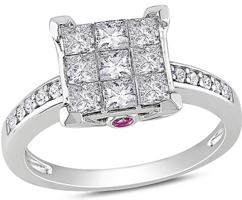 14k White Gold 1 ct TDW Princess-Cut Diamond Cluster Ring with Pink Sapphire Accents (H-I, I2-I3) | Luxury Jewelry