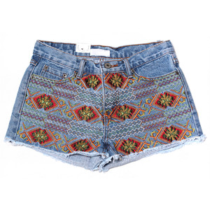 Aztec Embroidery Cutoff Denim Shorts - shorts | shortebi | შორტები