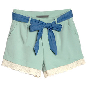 Lace Trimming Light-green Shorts - shorts | shortebi | შორტები