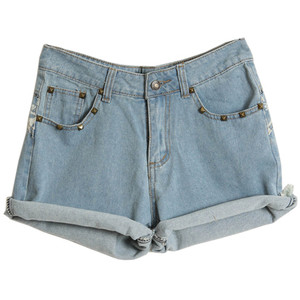 Turn-up Cuffs Rivets Denim Shorts - shorts | shortebi | შორტები