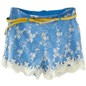 Fitted Belt Golden Hem Blue Shorts - shorts | shortebi | შორტები