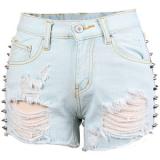 Shredded Cutoff Denim Shorts with Side Rivets - shorts